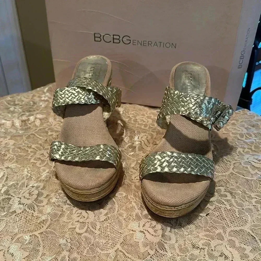 BCBG gold, braided strap wedges